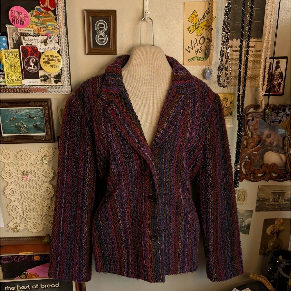 Vintage Striped Tweed Blazer Jacket Women's XL Purple Multicolor